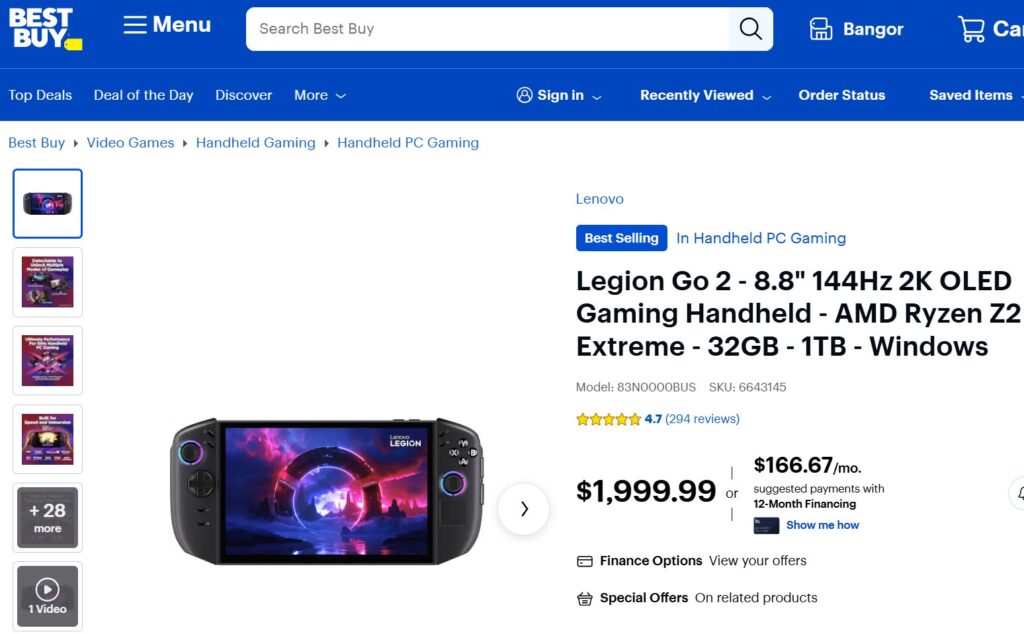 Consola de juegos portátil Lenovo Legion Go 2 con pantalla OLED de 8.8", especificaciones AMD Ryzen Z2, y diseño moderno en negro.