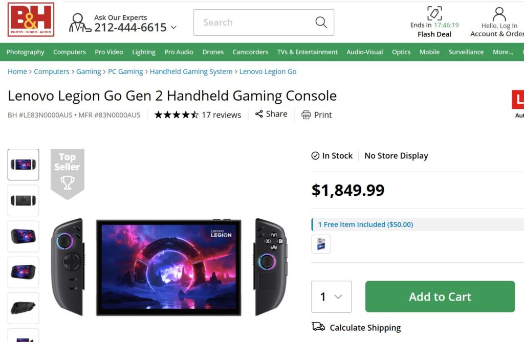 Consola de videojuegos portátil Lenovo Legion Go Gen 2, pantalla central, controladores a los lados, diseño en negro y morado. Precio $1,849.99.