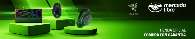 Teclado RGB, ratón y auriculares sobre pedestales verdes, con logotipos de Razer y Mercado Libre, fondo oscuro con efectos de luz.