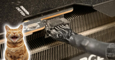 Conector quemado de una tarjeta gráfica MSI RTX 4090, con un gato anaranjado sonriente superpuesto a un lado.