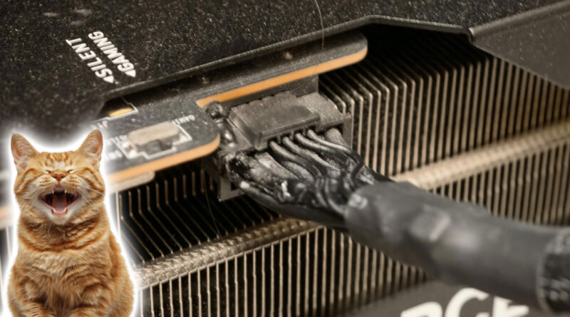 Conector quemado de una tarjeta gráfica MSI RTX 4090, con un gato anaranjado sonriente superpuesto a un lado.