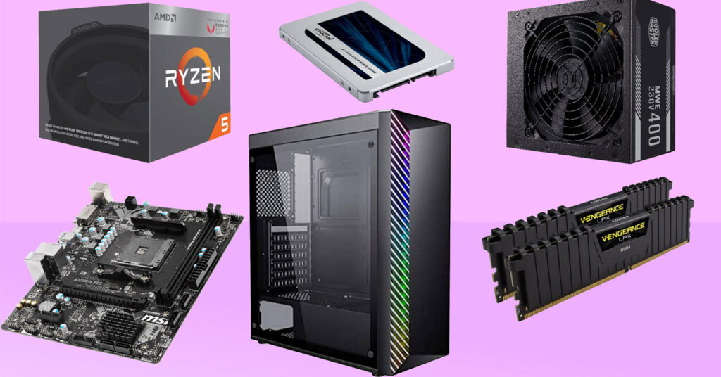 Componentes de hardware, incluyendo un procesador Ryzen, una fuente de poder, una SSD, una placa base, y memoria RAM, sobre fondo rosa.