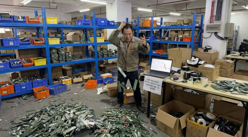 Trabajador angustiado en almacén, montones de módulos RAM tirados en el suelo, estanterías azules y laptop mostrando gráfico de caída de precios.