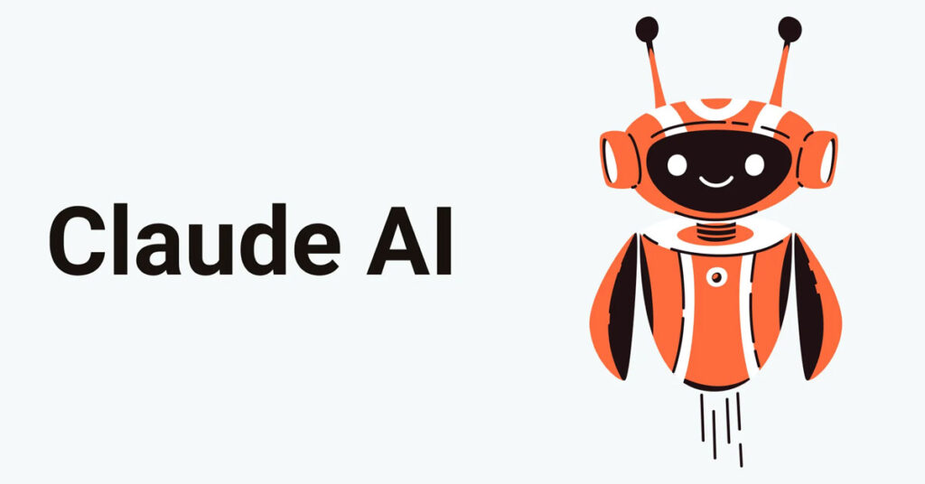 Robot estilizado en tonos naranjas y negro, con antenas y propulsores, acompañado del texto "Claude AI" a la izquierda.