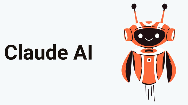 Robot estilizado en tonos naranjas y negro, con antenas y propulsores, acompañado del texto "Claude AI" a la izquierda.