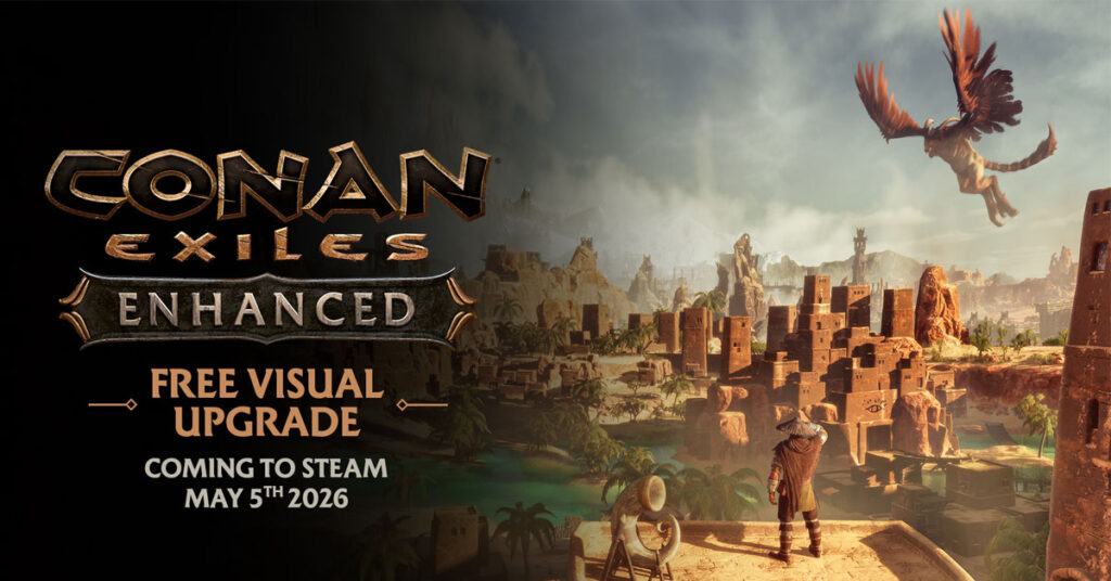 Fondo desértico con un guerrero y un grifo en vuelo. Edificios rocosos y paisajes áridos bajo un cielo claro.