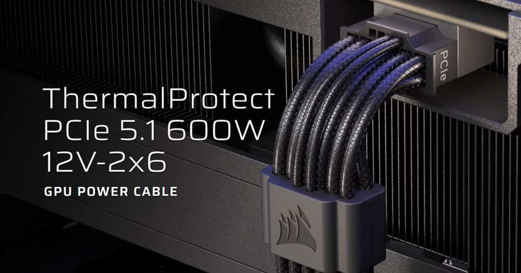 Cable de alimentación GPU de Corsair con conector PCIe 5.1, negro, con múltiples hilos trenzados y un conector destacado.