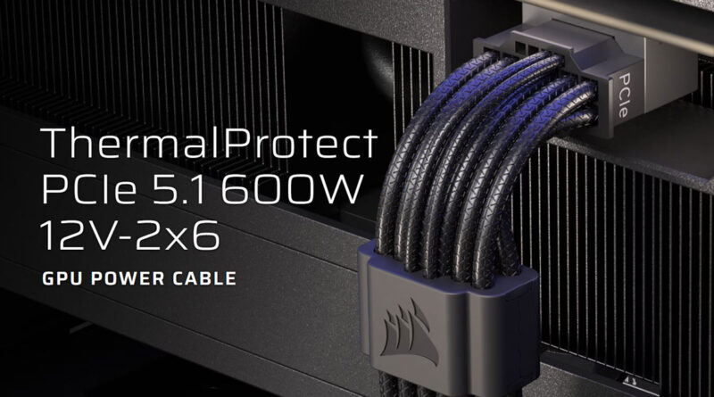 Cable de alimentación GPU de Corsair con conector PCIe 5.1, negro, con múltiples hilos trenzados y un conector destacado.