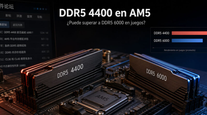 Módulos de memoria DDR5 4400 y 6000 sobre una placa base AM5, con un fondo oscuro y texto comparativo en la parte superior.