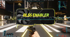 Fondo urbano futurista con una interfaz gráfica destacando "DLSS ENABLER", mostrando estadísticas de FPS y un arma en primer plano.