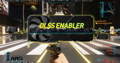 Fondo urbano futurista con una interfaz gráfica destacando "DLSS ENABLER", mostrando estadísticas de FPS y un arma en primer plano.