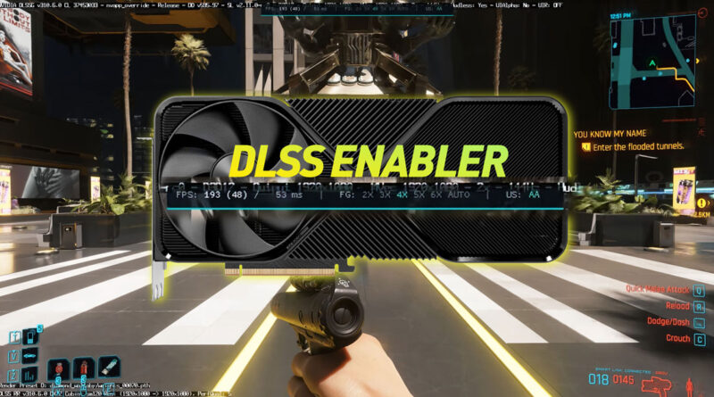 Fondo urbano futurista con una interfaz gráfica destacando "DLSS ENABLER", mostrando estadísticas de FPS y un arma en primer plano.