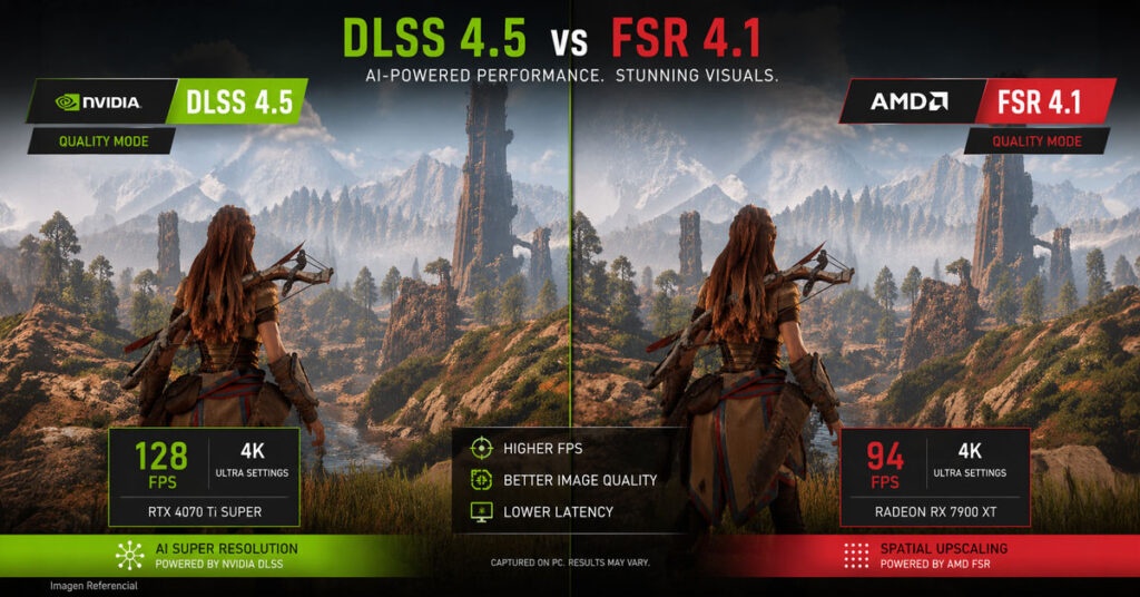 Comparativa visual entre DLSS 4.5 y FSR 4.1, mostrando gráficos en 4K con estadísticas de FPS y características clave de rendimiento.