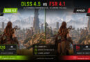 Comparativa visual entre DLSS 4.5 y FSR 4.1, mostrando gráficos en 4K con estadísticas de FPS y características clave de rendimiento.