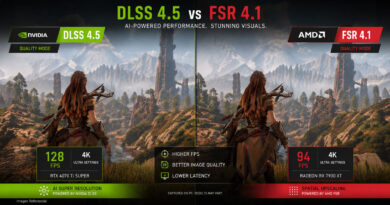 Comparativa visual entre DLSS 4.5 y FSR 4.1, mostrando gráficos en 4K con estadísticas de FPS y características clave de rendimiento.