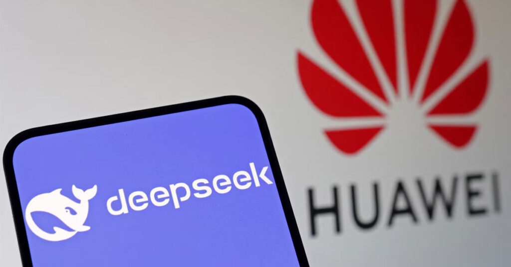 Logotipo de DeepSeek en pantalla con fondo del logotipo de Huawei, predominando colores azul y rojo.