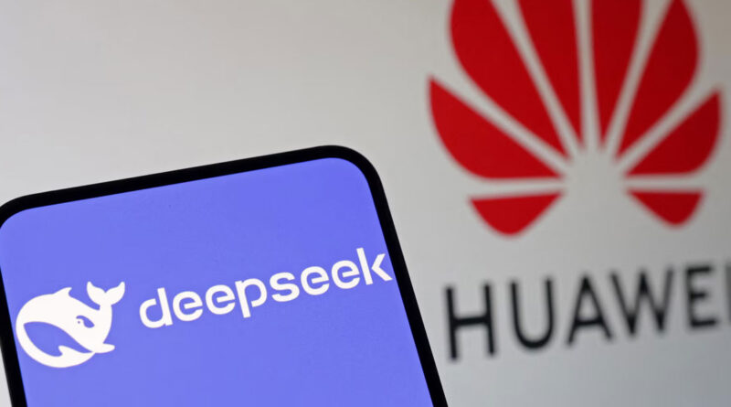 Logotipo de DeepSeek en pantalla con fondo del logotipo de Huawei, predominando colores azul y rojo.
