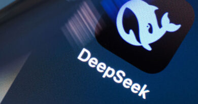 Icono de DeepSeek sobre un fondo oscuro, con el contorno de un pez en color azul y el texto "DeepSeek" en blanco.