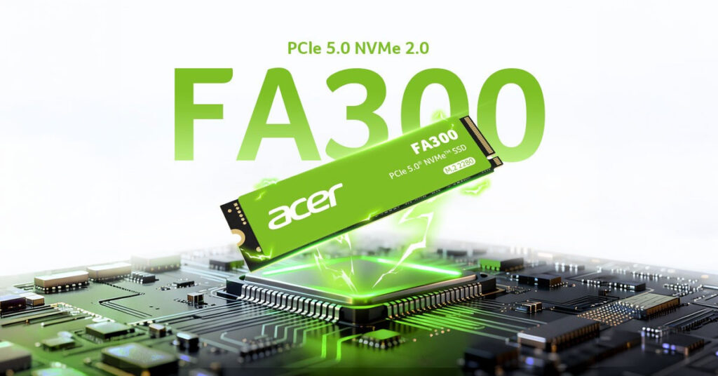 Dispositivo SSD Acer FA300 en color verde brillante, sobre un fondo de placa base, resaltando la interfaz PCIe 5.0 NVMe 2.0.