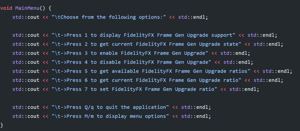 Texto en código que muestra un menú de opciones para el soporte de FidelityFX Frame Gen Upgrade y su configuración.