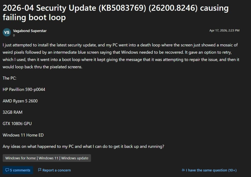 Captura de pantalla de un post en un foro, mostrando un error de pantalla azul y detalles sobre hardware y actualización de Windows.