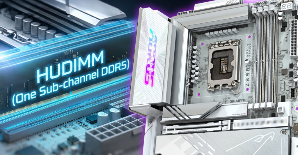 Placa madre GIGABYTE con soporte HUDIMM, destacando textos azules y morados sobre un fondo metálico y detalles de la arquitectura DDR5.