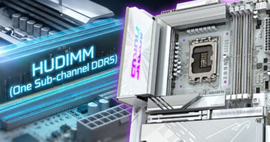 Placa madre GIGABYTE con soporte HUDIMM, destacando textos azules y morados sobre un fondo metálico y detalles de la arquitectura DDR5.