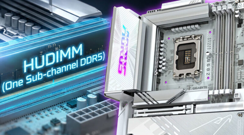 Placa madre GIGABYTE con soporte HUDIMM, destacando textos azules y morados sobre un fondo metálico y detalles de la arquitectura DDR5.