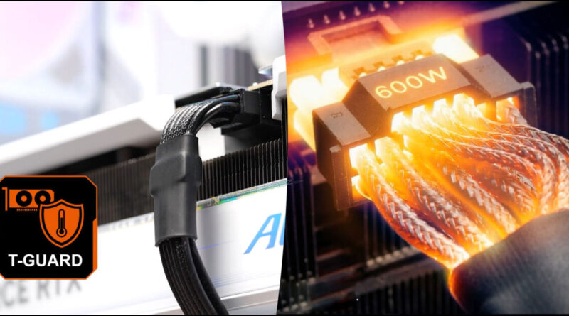 Conector de alimentación de GPU con cables brillantes y un medidor que indica 600W, acompañado del logo de T-Guard en la esquina.