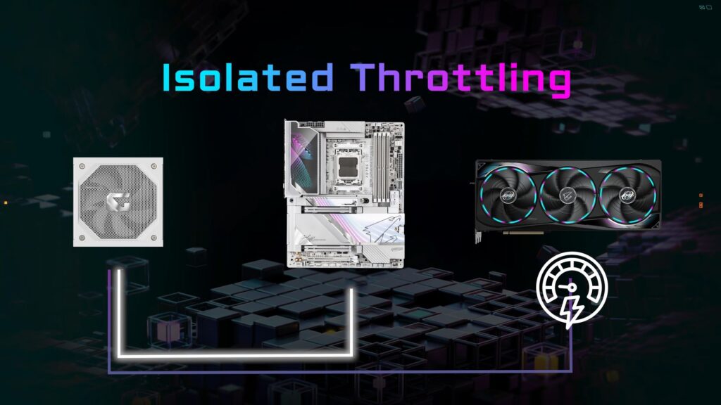 Fuente de alimentación GIGABYTE T-Guard, placa base y GPU con ventiladores RGB, sobre fondo oscuro con bloques tridimensionales.