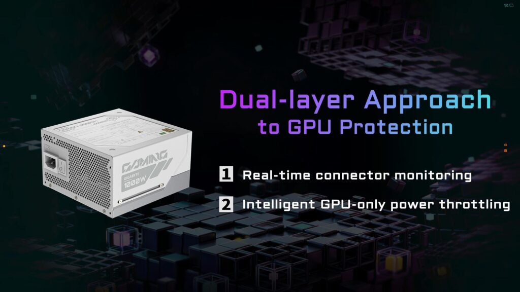 Fuente de alimentación GIGABYTE con diseño moderno, texto colorido resaltando características de protección para GPU y fondo abstracto oscuro.