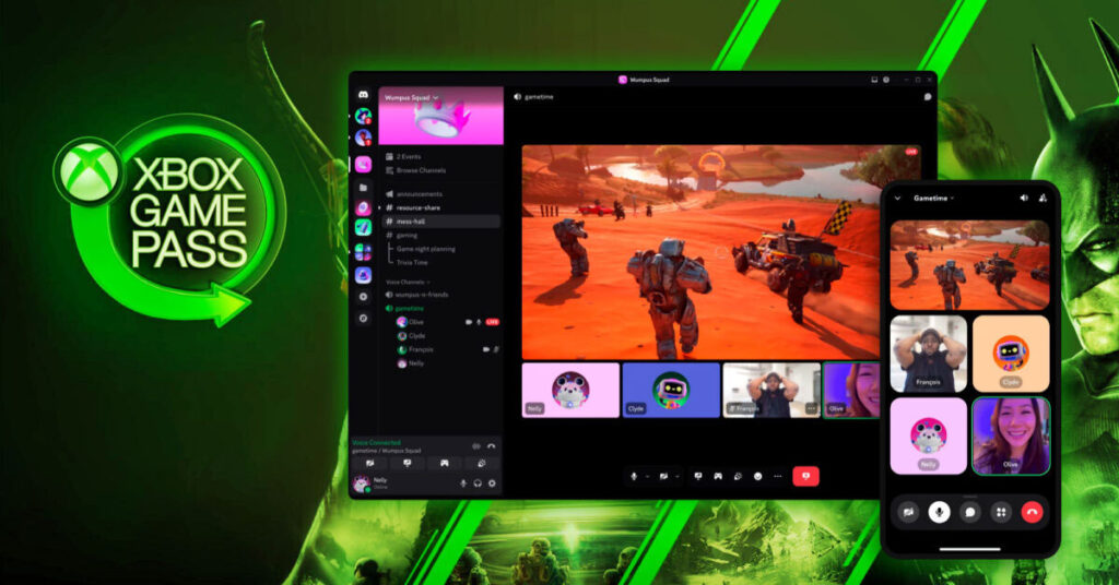 Interfaz de Discord mostrando un juego en grupo, con usuarios en videollamada, sobre un fondo verde y el logo de Xbox Game Pass.