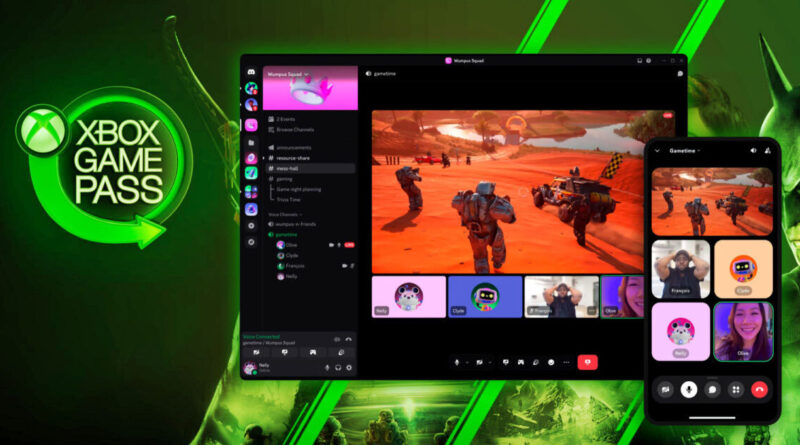 Interfaz de Discord mostrando un juego en grupo, con usuarios en videollamada, sobre un fondo verde y el logo de Xbox Game Pass.