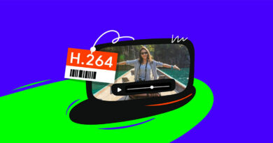 Una pantalla estilizada muestra a una mujer en un bote sobre agua azul, con un código de licencia H.264 y un botón de reproducción.