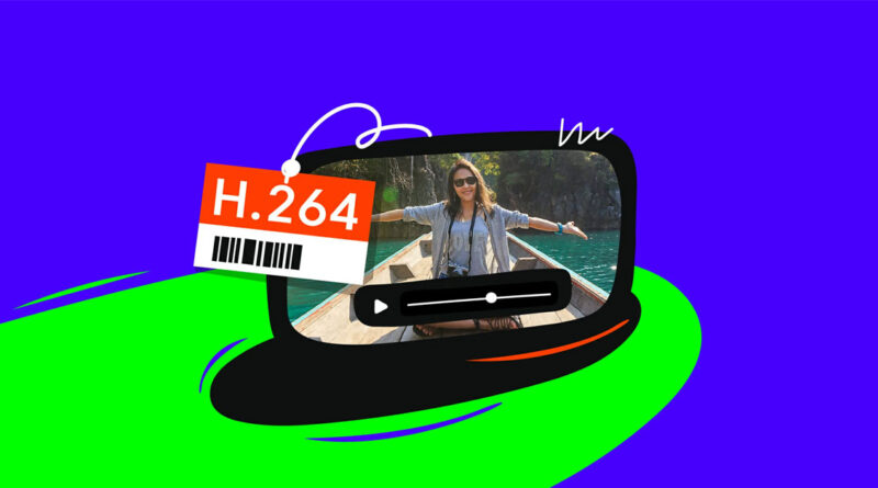 Una pantalla estilizada muestra a una mujer en un bote sobre agua azul, con un código de licencia H.264 y un botón de reproducción.