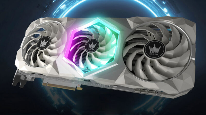 Tarjeta gráfica con diseño angular en tonos blanco y gris, con ventiladores iluminados en colores blanco y verde, sobre un fondo futurista.