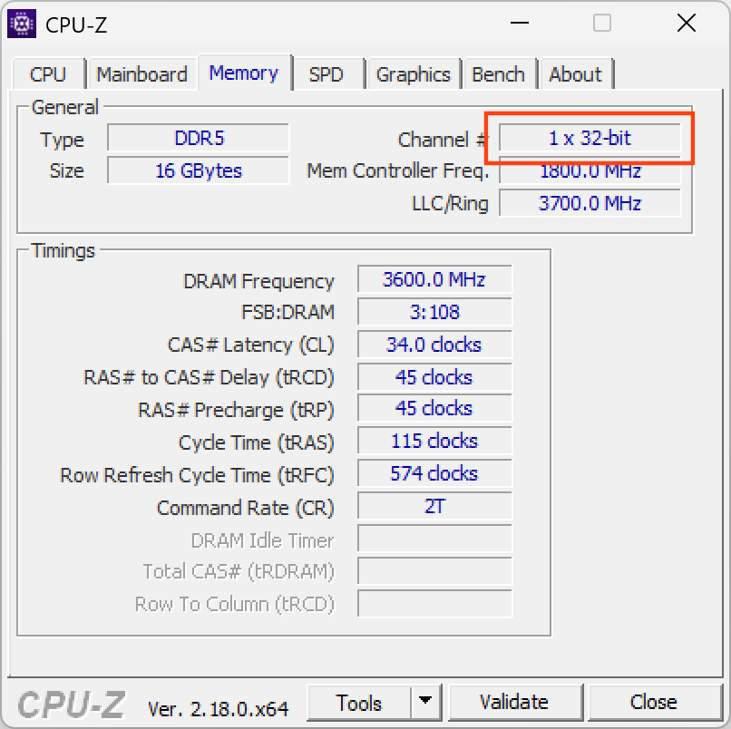 Captura de pantalla de CPU-Z mostrando información de memoria DDR5, con detalles sobre frecuencia, latencias y configuración de canal.