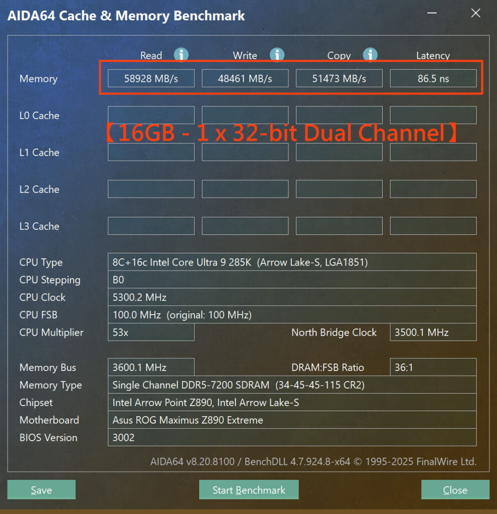 Benchmark de memoria que muestra tasas de transferencia y latencias, con datos detallados de configuración y rendimiento del sistema.