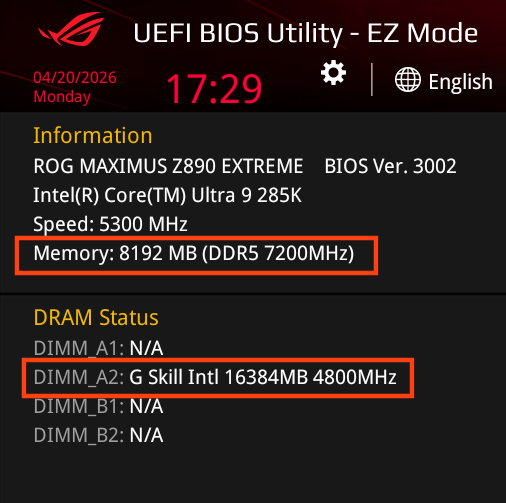 Interfaz de BIOS UEFI mostrando información del sistema, con énfasis en la memoria DDR5 y detalles del DIMM utilizado. Predomina el negro y rojo.