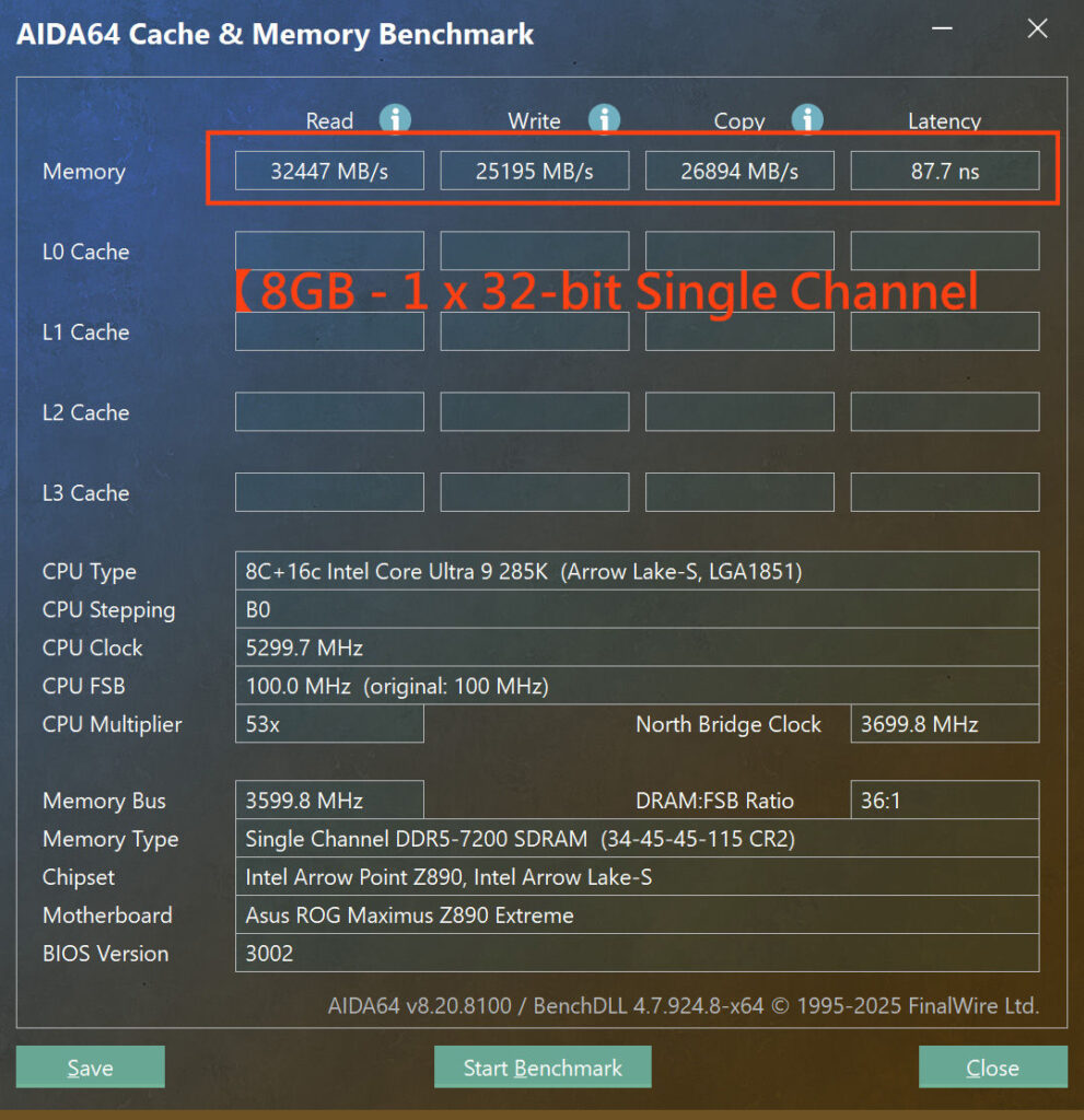 Benchmark de memoria que muestra velocidades de 32447 MB/s y 25195 MB/s, con detalles técnicos en un diseño minimalista y colores oscuros.