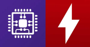 Ícono de un chip de computadora en fondo morado a la izquierda y un rayo en fondo rojo a la derecha, simbolizando energía y tecnología.