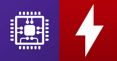 Ícono de un chip de computadora en fondo morado a la izquierda y un rayo en fondo rojo a la derecha, simbolizando energía y tecnología.