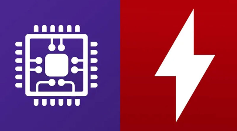 Ícono de un chip de computadora en fondo morado a la izquierda y un rayo en fondo rojo a la derecha, simbolizando energía y tecnología.