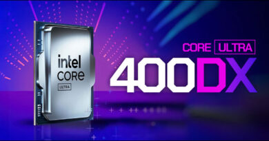 Procesador Intel Core Ultra 400DX sobre fondo morado con gráficos abstractos, resalta el nombre del producto en letras grandes.