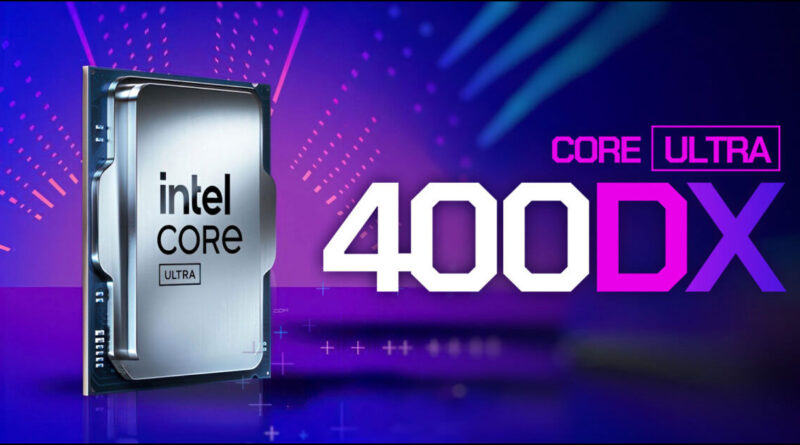 Procesador Intel Core Ultra 400DX sobre fondo morado con gráficos abstractos, resalta el nombre del producto en letras grandes.