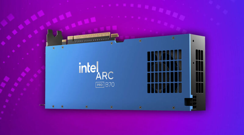 Tarjeta gráfica Intel Arc B70 en color azul, con conectores en la parte superior y rejilla de ventilación en el lado, sobre fondo morado.