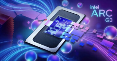 Diseño colorido con el procesador Intel Arc G3 en el centro, rodeado de formas geométricas y efectos de luz en tonos azules y morados.