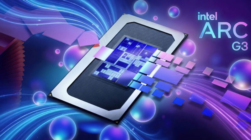 Diseño colorido con el procesador Intel Arc G3 en el centro, rodeado de formas geométricas y efectos de luz en tonos azules y morados.