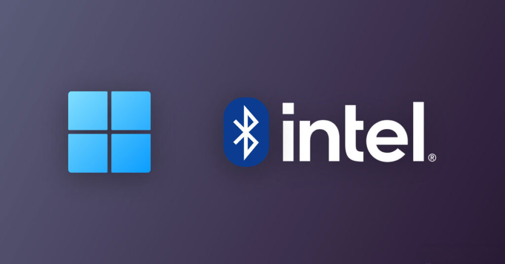 Iconos de Windows y Bluetooth junto al logotipo de Intel, sobre un fondo morado degradado. Diseño moderno y tecnológico.