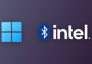 Iconos de Windows y Bluetooth junto al logotipo de Intel, sobre un fondo morado degradado. Diseño moderno y tecnológico.
